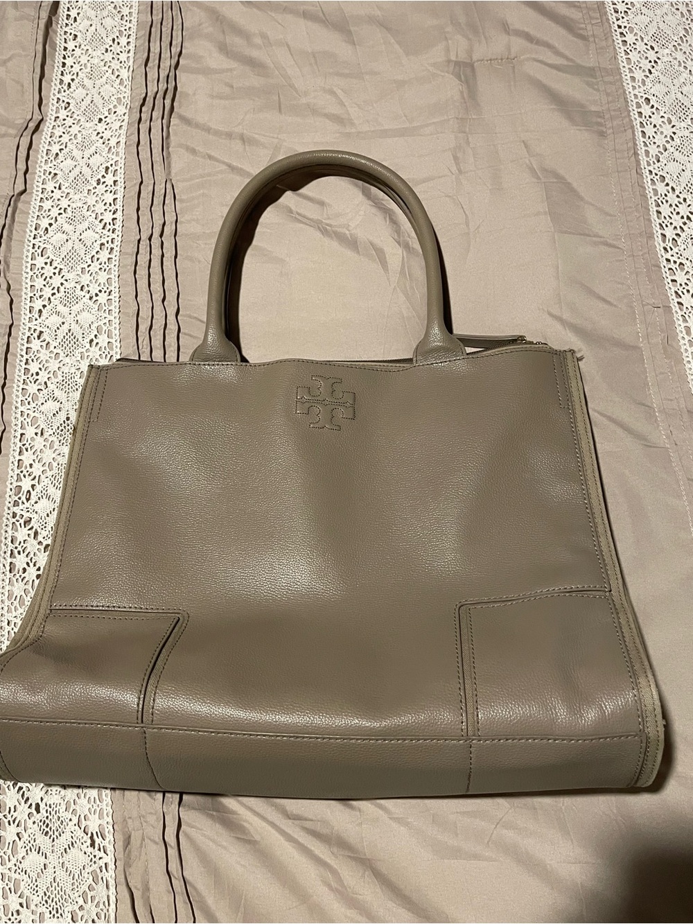 Tory Burch Leather Top-Handle Tote in Taupe Gray